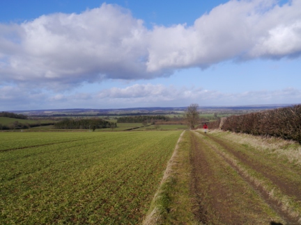 Lisa striding away with sweeping views to the north