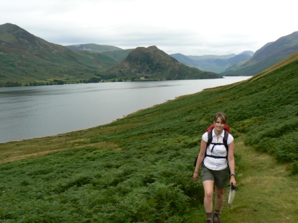Lisa on the grassy path as it leaves Crummock Water