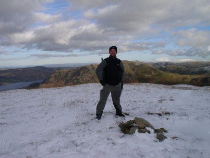 On the top of Birks with blue sky still over Ullswater