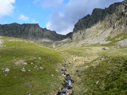 Looking back up to Scafell Crag and Pikes Crag