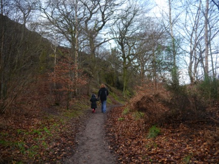 The girls walking through the woods by East Chevin Quarry