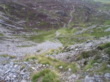 Looking down the Miner's Path into Cwm Tryfan